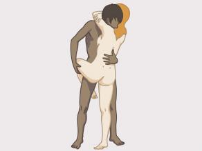 Sexual intercourse example 3: The man is standing. The woman stands against him. The man holds one of her legs up.