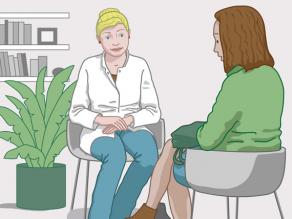 Een vrouw heeft een gesprek met een zorgverlener in een abortuscentrum