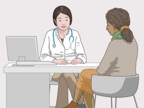 Vrouw praat met een dokter.