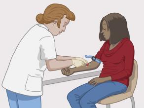 Een dokter neemt een bloedstaal van een vrouw om na te gaan of ze zwanger is. 